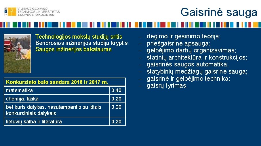 Gaisrinė sauga Technologijos mokslų studijų sritis Bendrosios inžinerijos studijų kryptis Saugos inžinerijos bakalauras Konkursinio