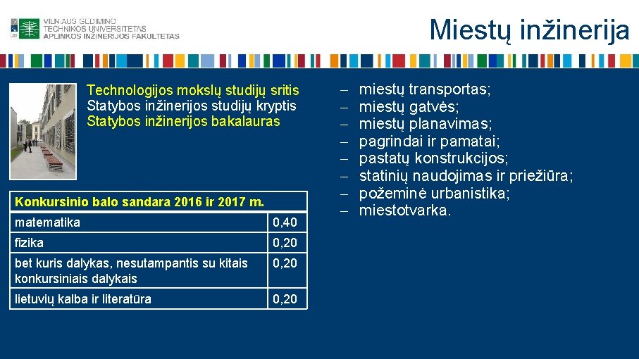 Miestų inžinerija Technologijos mokslų studijų sritis Statybos inžinerijos studijų kryptis Statybos inžinerijos bakalauras Konkursinio