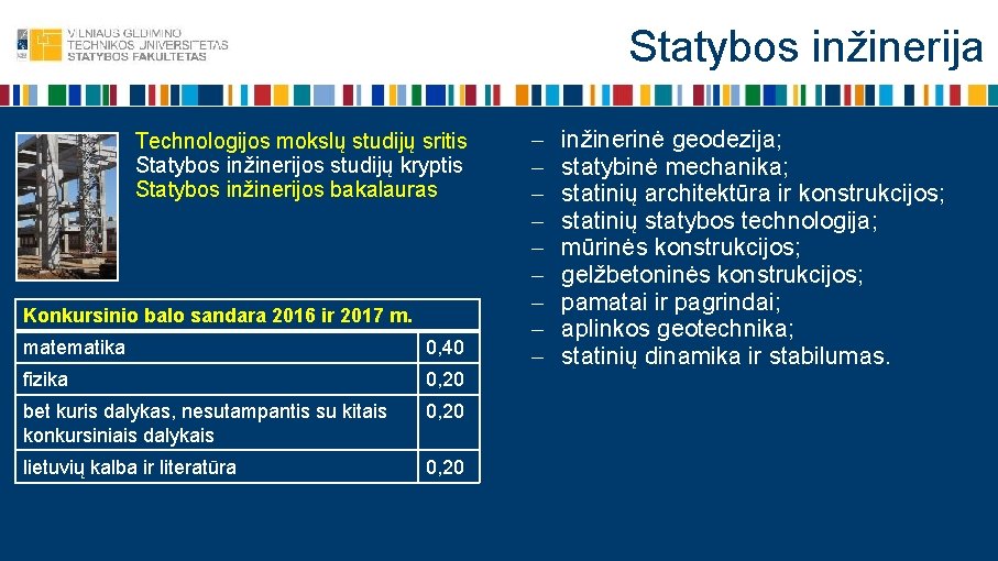 Statybos inžinerija Technologijos mokslų studijų sritis Statybos inžinerijos studijų kryptis Statybos inžinerijos bakalauras Konkursinio
