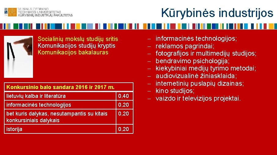 Kūrybinės industrijos Socialinių mokslų studijų sritis Komunikacijos studijų kryptis Komunikacijos bakalauras Konkursinio balo sandara
