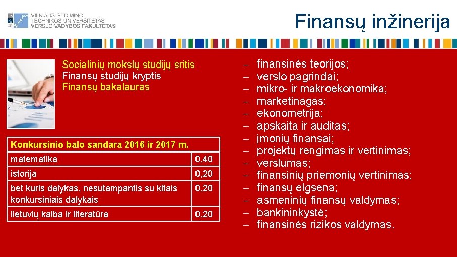 Finansų inžinerija Socialinių mokslų studijų sritis Finansų studijų kryptis Finansų bakalauras Konkursinio balo sandara