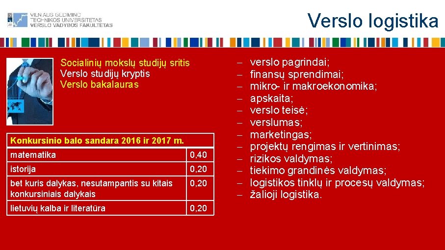 Verslo logistika Socialinių mokslų studijų sritis Verslo studijų kryptis Verslo bakalauras Konkursinio balo sandara