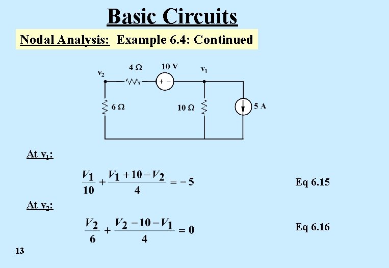 Basic Circuits Nodal Analysis: Example 6. 4: Continued At v 1: Eq 6. 15