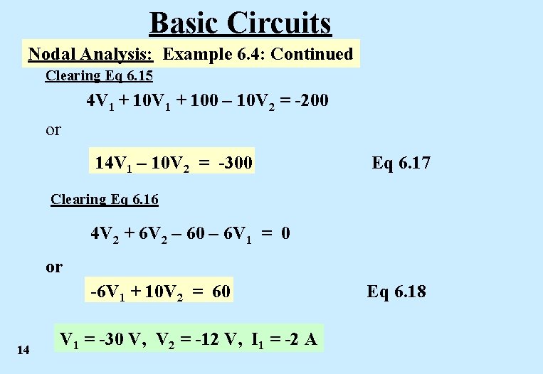 Basic Circuits Nodal Analysis: Example 6. 4: Continued Clearing Eq 6. 15 4 V