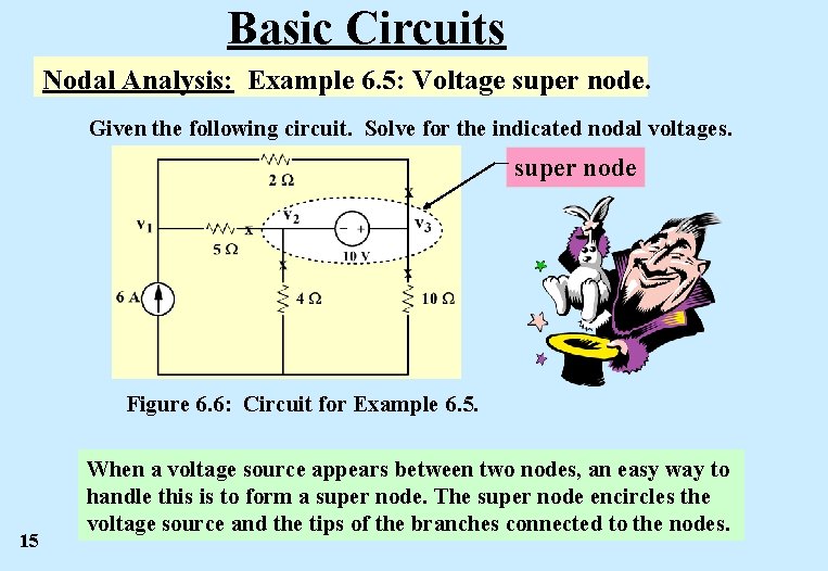 Basic Circuits Nodal Analysis: Example 6. 5: Voltage super node. Given the following circuit.