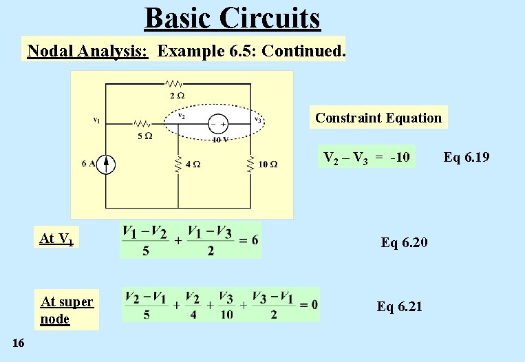 Basic Circuits Nodal Analysis: Example 6. 5: Continued. Constraint Equation V 2 – V Basic Circuits Nodal Analysis: Example 6. 5: Continued. Constraint Equation V 2 – V