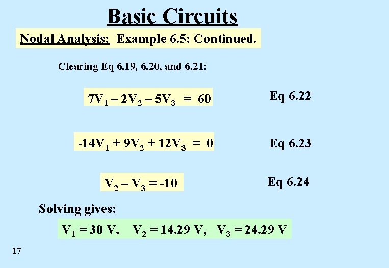 Basic Circuits Nodal Analysis: Example 6. 5: Continued. Clearing Eq 6. 19, 6. 20, Basic Circuits Nodal Analysis: Example 6. 5: Continued. Clearing Eq 6. 19, 6. 20,