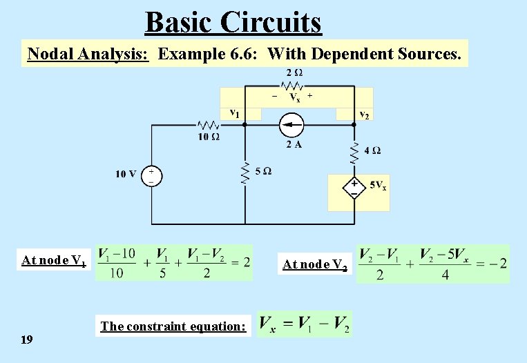 Basic Circuits Nodal Analysis: Example 6. 6: With Dependent Sources. At node V 1 Basic Circuits Nodal Analysis: Example 6. 6: With Dependent Sources. At node V 1