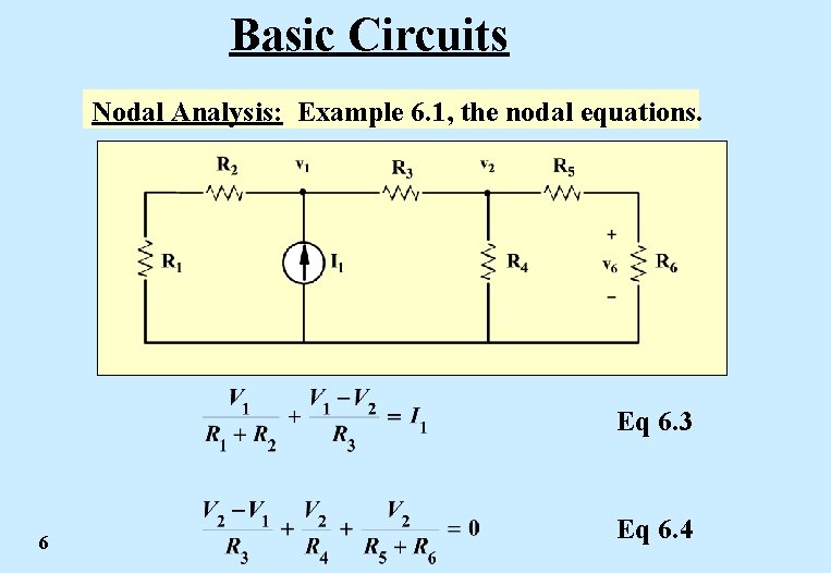 Basic Circuits Nodal Analysis: Example 6. 1, the nodal equations. Eq 6. 3 6
