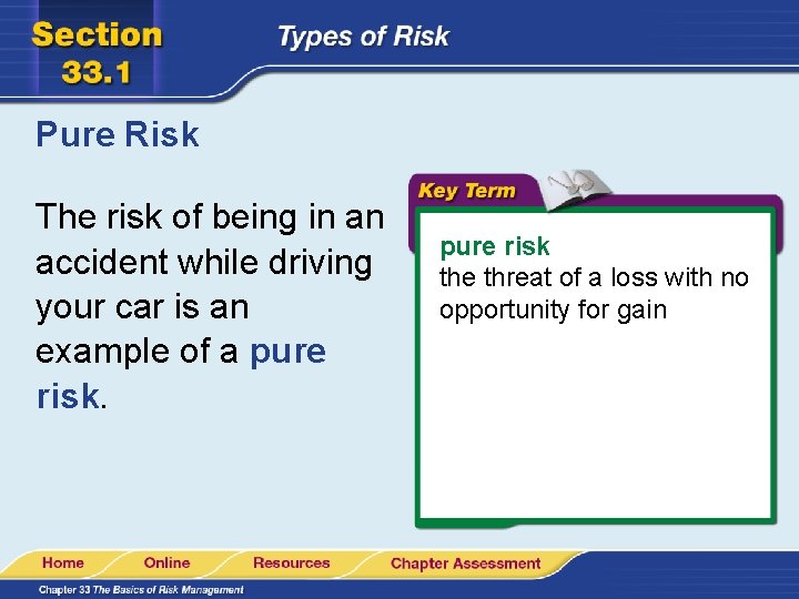 Pure Risk The risk of being in an accident while driving your car is