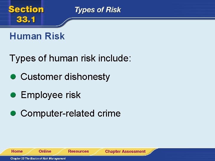 Human Risk Types of human risk include: Customer dishonesty Employee risk Computer-related crime 