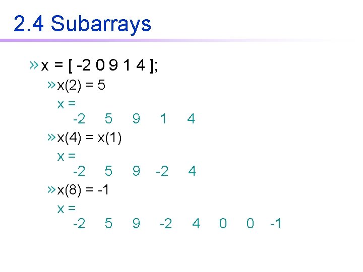 2. 4 Subarrays x = [ -2 0 9 1 4 ]; x(2) =