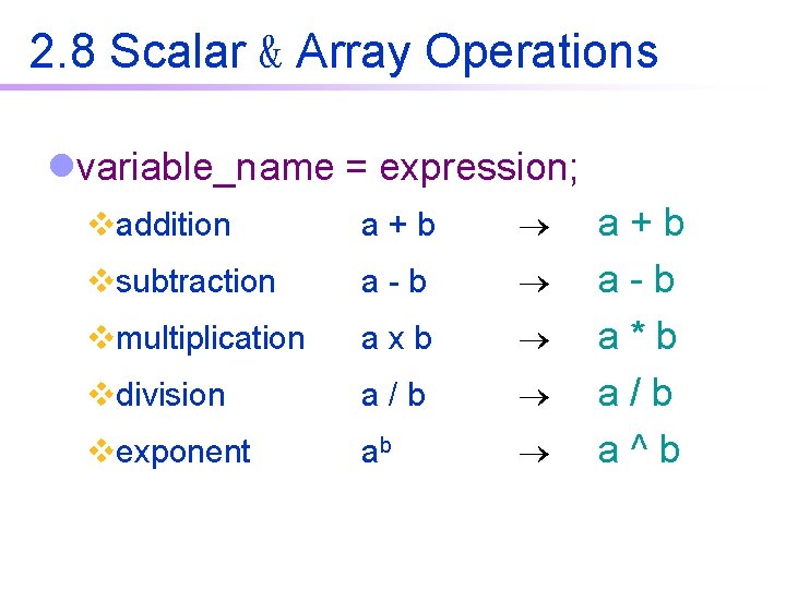 2. 8 Scalar & Array Operations lvariable_name = expression; vaddition a+b vsubtraction a-b vmultiplication 2. 8 Scalar & Array Operations lvariable_name = expression; vaddition a+b vsubtraction a-b vmultiplication