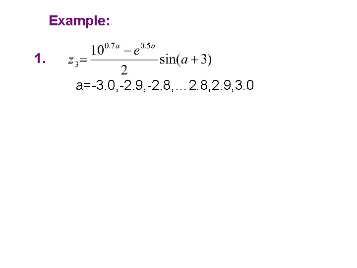 Example: 1. a=-3. 0, -2. 9, -2. 8, … 2. 8, 2. 9, 3. Example: 1. a=-3. 0, -2. 9, -2. 8, … 2. 8, 2. 9, 3.