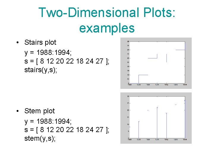 Two-Dimensional Plots: examples • Stairs plot y = 1988: 1994; s = [ 8 Two-Dimensional Plots: examples • Stairs plot y = 1988: 1994; s = [ 8