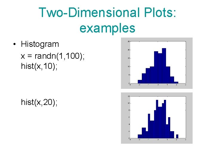 Two-Dimensional Plots: examples • Histogram x = randn(1, 100); hist(x, 10); hist(x, 20); Two-Dimensional Plots: examples • Histogram x = randn(1, 100); hist(x, 10); hist(x, 20);