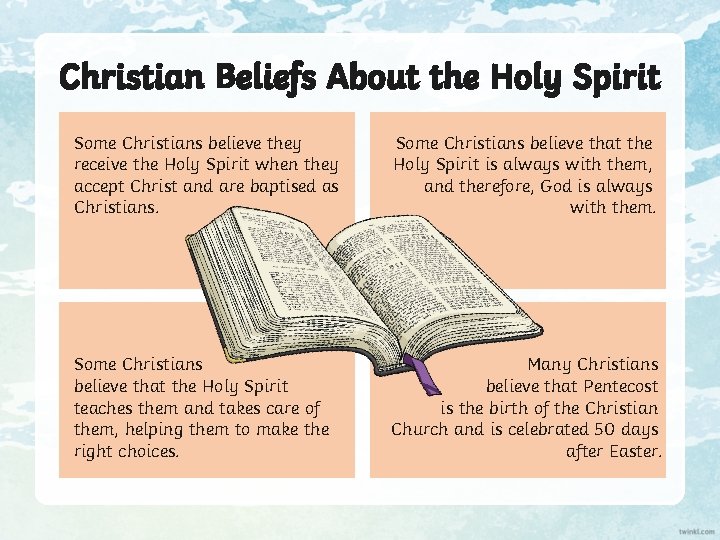 Christian Beliefs About the Holy Spirit Some Christians believe they receive the Holy Spirit