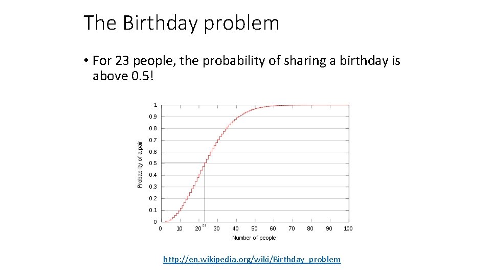 The Birthday problem • For 23 people, the probability of sharing a birthday is