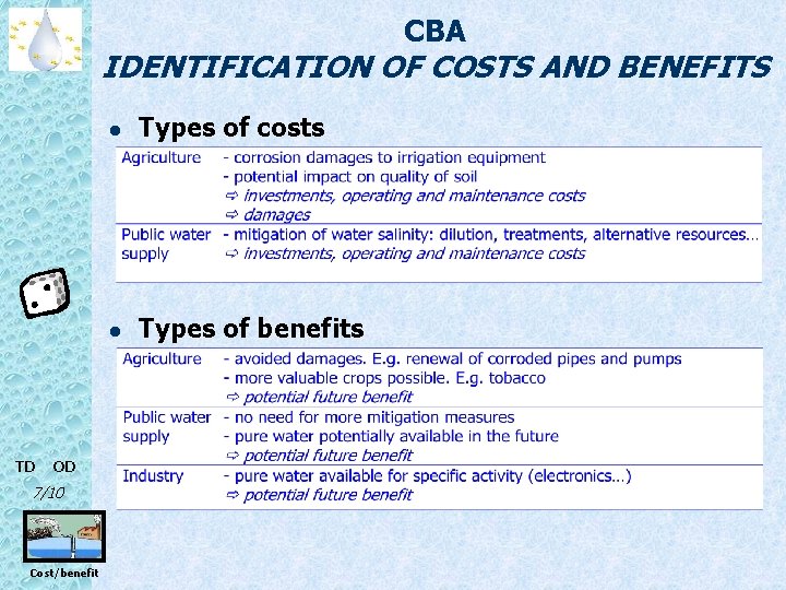 CBA IDENTIFICATION OF COSTS AND BENEFITS TD OD 7/10 Cost/benefit l Types of costs