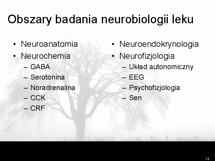Obszary badania neurobiologii leku • Neuroanatomia • Neurochemia – – – GABA Serotonina Noradrenalina