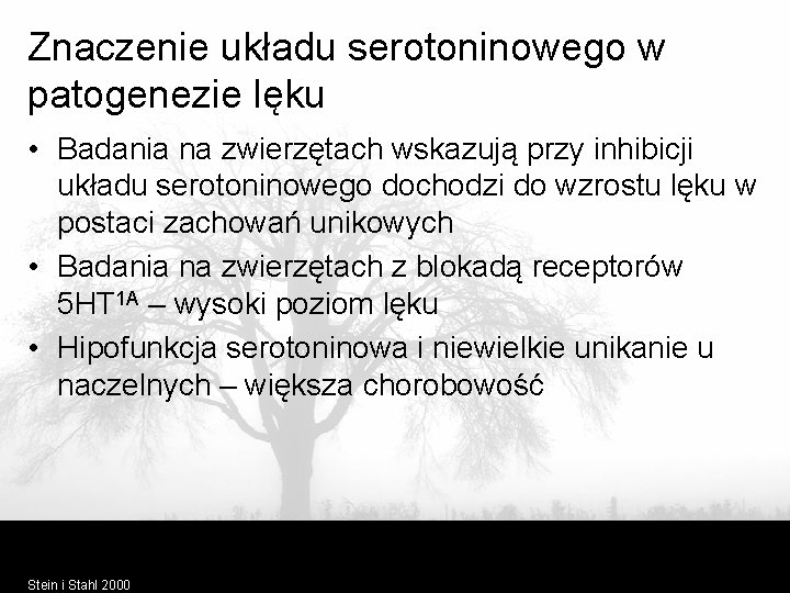 Znaczenie układu serotoninowego w patogenezie lęku • Badania na zwierzętach wskazują przy inhibicji układu