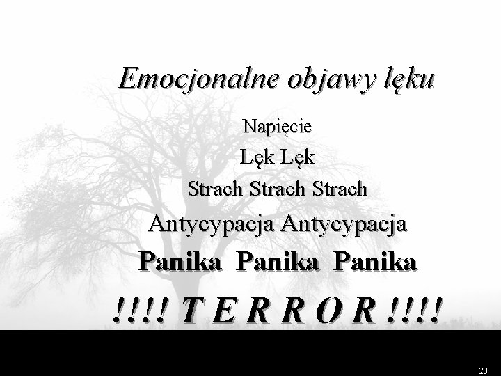 Emocjonalne objawy lęku Napięcie Lęk Strach Antycypacja Panika !!!! T E R R O