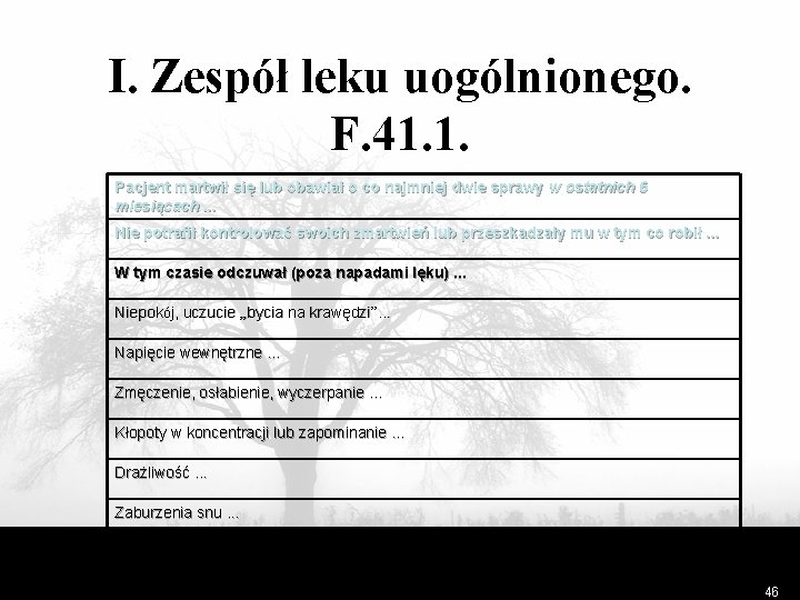 I. Zespół leku uogólnionego. F. 41. 1. Pacjent martwił się lub obawiał o co