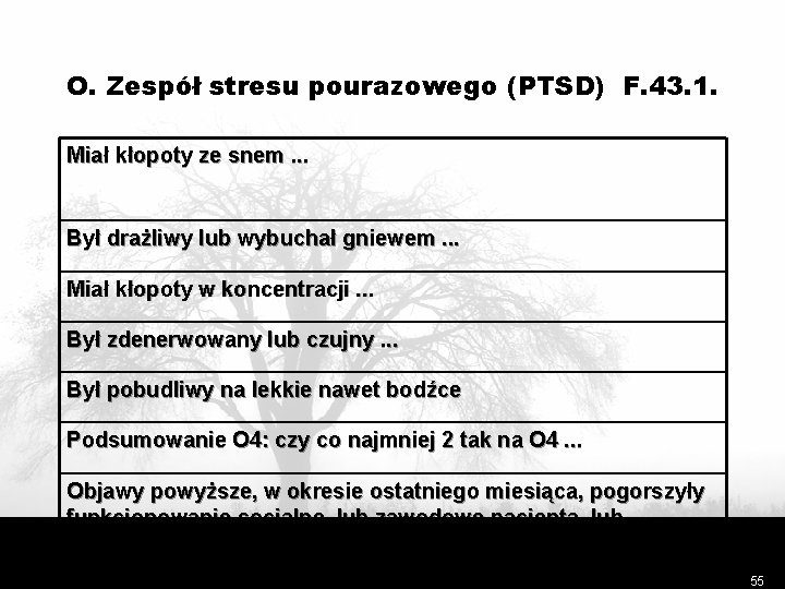 O. Zespół stresu pourazowego (PTSD) F. 43. 1. Miał kłopoty ze snem. . .