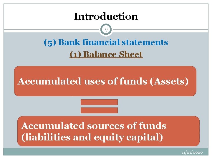 Introduction 9 (5) Bank financial statements (1) Balance Sheet Accumulated uses of funds (Assets)