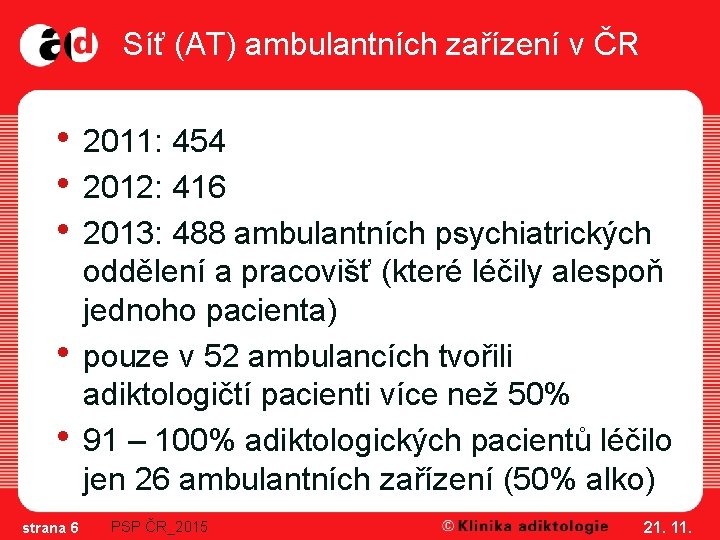 Síť (AT) ambulantních zařízení v ČR • 2011: 454 • 2012: 416 • 2013: