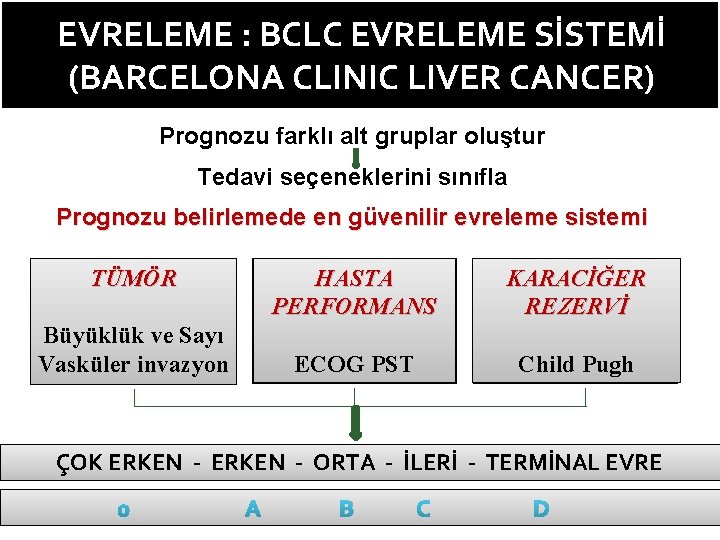 EVRELEME : BCLC EVRELEME SİSTEMİ (BARCELONA CLINIC LIVER CANCER) Prognozu farklı alt gruplar oluştur