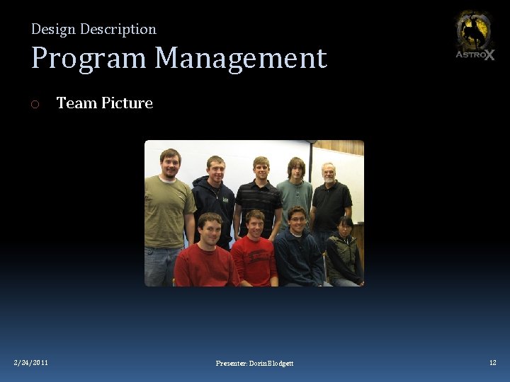 Design Description Program Management o Team Picture 2/24/2011 Presenter: Dorin Blodgett 12 