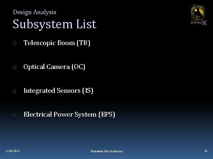 Design Analysis Subsystem List o Telescopic Boom (TB) o Optical Camera (OC) o Integrated