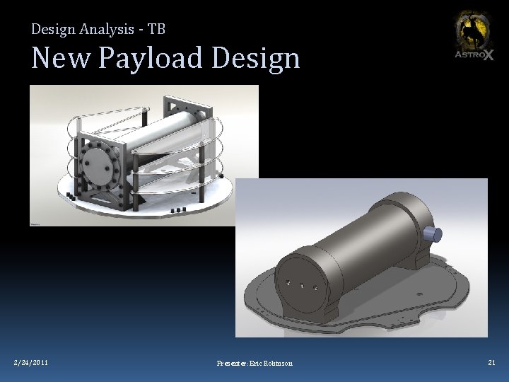 Design Analysis - TB New Payload Design 2/24/2011 Presenter: Eric Robinson 21 