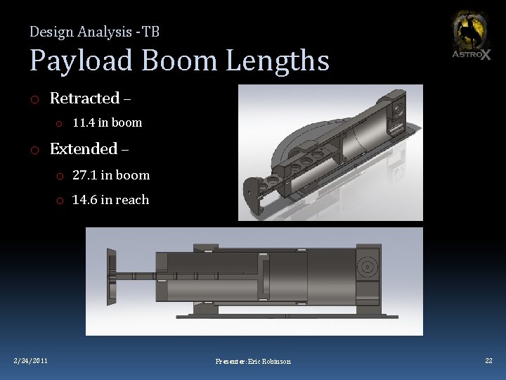 Design Analysis -TB Payload Boom Lengths o Retracted – o 11. 4 in boom