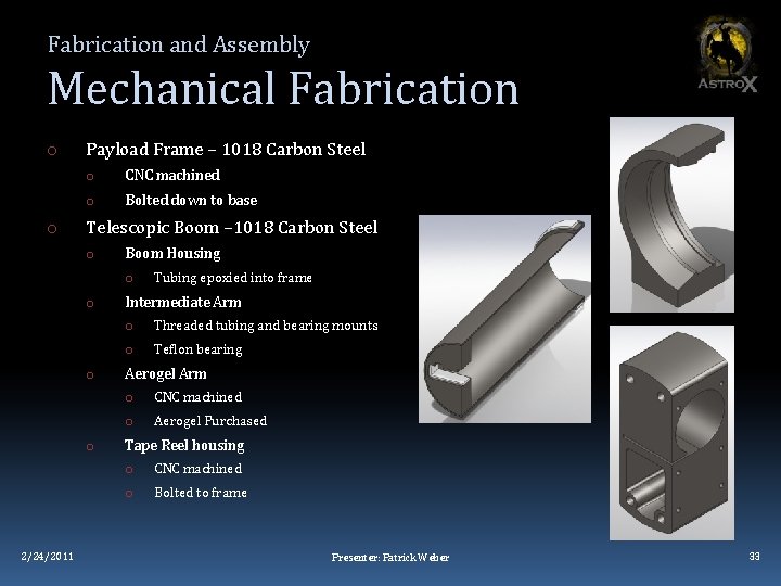 Fabrication and Assembly Mechanical Fabrication o o Payload Frame – 1018 Carbon Steel o