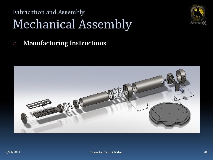 Fabrication and Assembly Mechanical Assembly o Manufacturing Instructions 2/24/2011 Presenter: Patrick Weber 34 