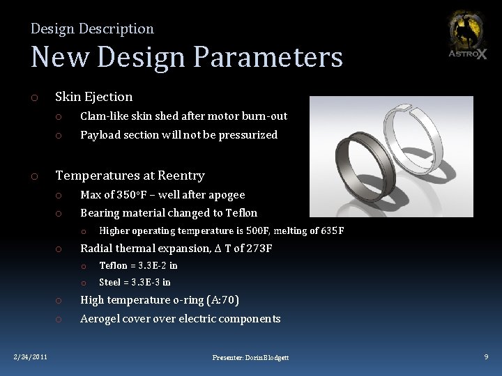 Design Description New Design Parameters o o Skin Ejection o Clam-like skin shed after