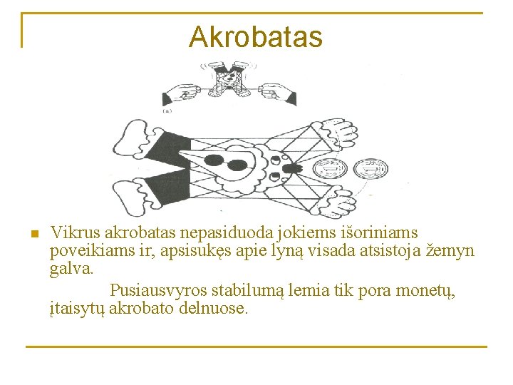 Akrobatas n Vikrus akrobatas nepasiduoda jokiems išoriniams poveikiams ir, apsisukęs apie lyną visada atsistoja