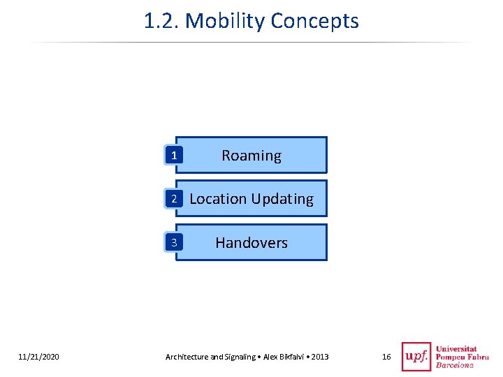 1. 2. Mobility Concepts 11/21/2020 1 Roaming 2 Location Updating 3 Handovers Architecture and