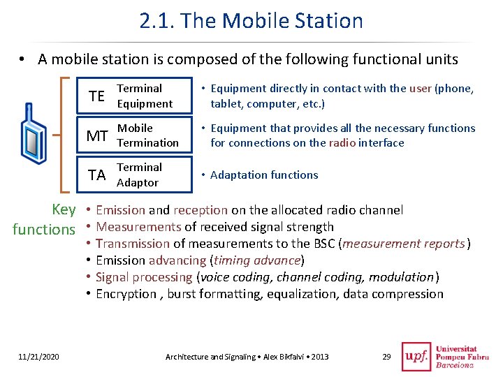 2. 1. The Mobile Station • A mobile station is composed of the following