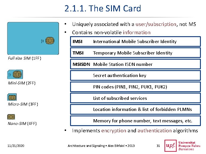 2. 1. 1. The SIM Card • Uniquely associated with a user/subscription, not MS