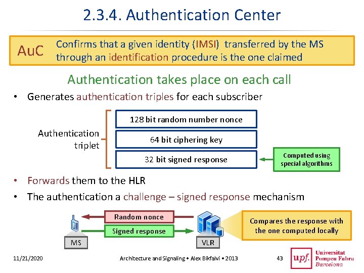 2. 3. 4. Authentication Center Au. C Confirms that a given identity (IMSI) transferred