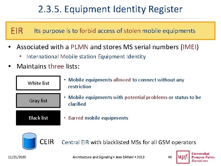 2. 3. 5. Equipment Identity Register EIR Its purpose is to forbid access of