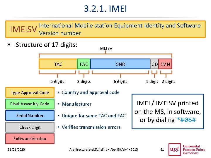 3. 2. 1. IMEISV International Mobile station Equipment Identity and Software Version number •