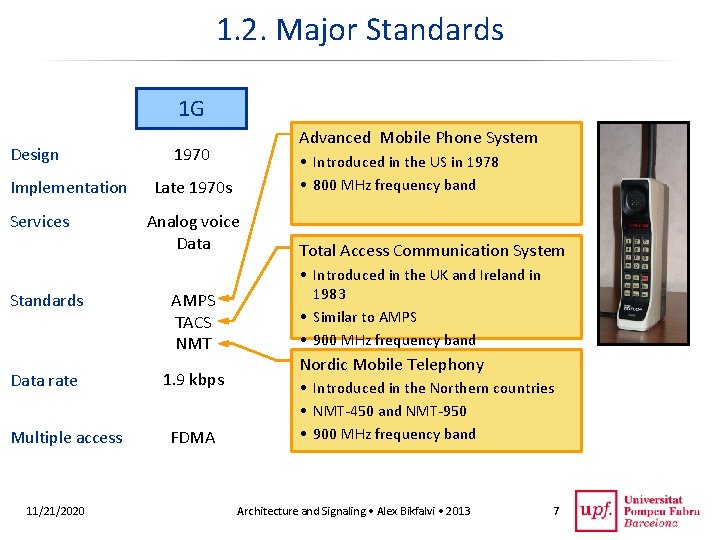 1. 2. Major Standards 1 G Design Implementation Services Standards Data rate Multiple access