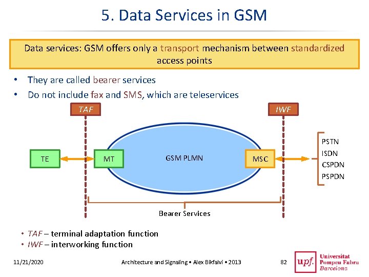 5. Data Services in GSM Data services: GSM offers only a transport mechanism between