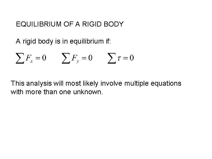 EQUILIBRIUM OF A RIGID BODY A rigid body is in equilibrium if: This analysis