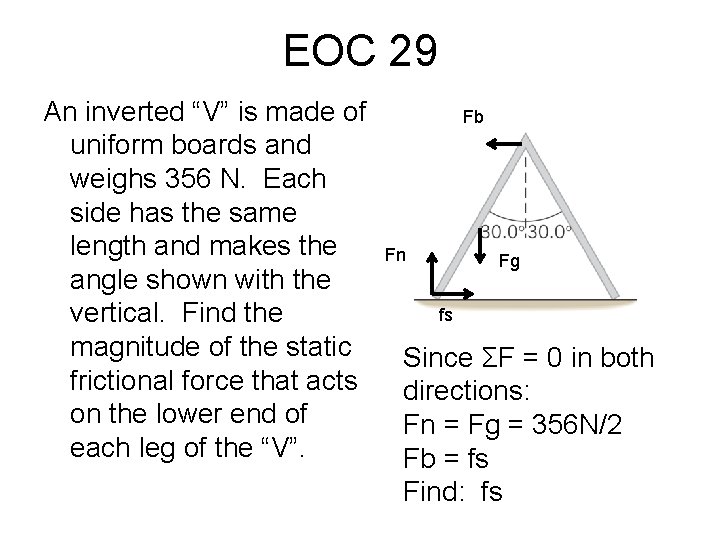EOC 29 An inverted “V” is made of uniform boards and weighs 356 N.