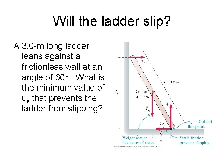Will the ladder slip? A 3. 0 -m long ladder leans against a frictionless